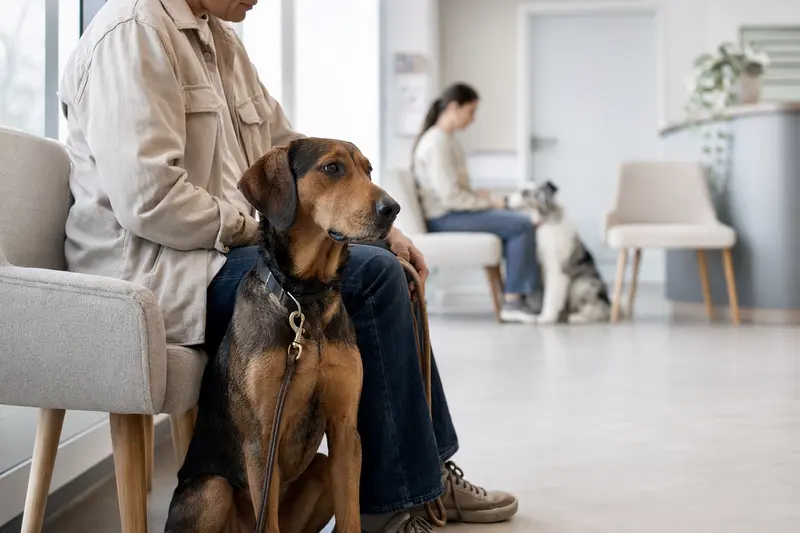 Ein Brandlbracke Hund sitzt ruhig neben seinem Besitzer im hellen Wartezimmer einer modernen Tierarztpraxis.